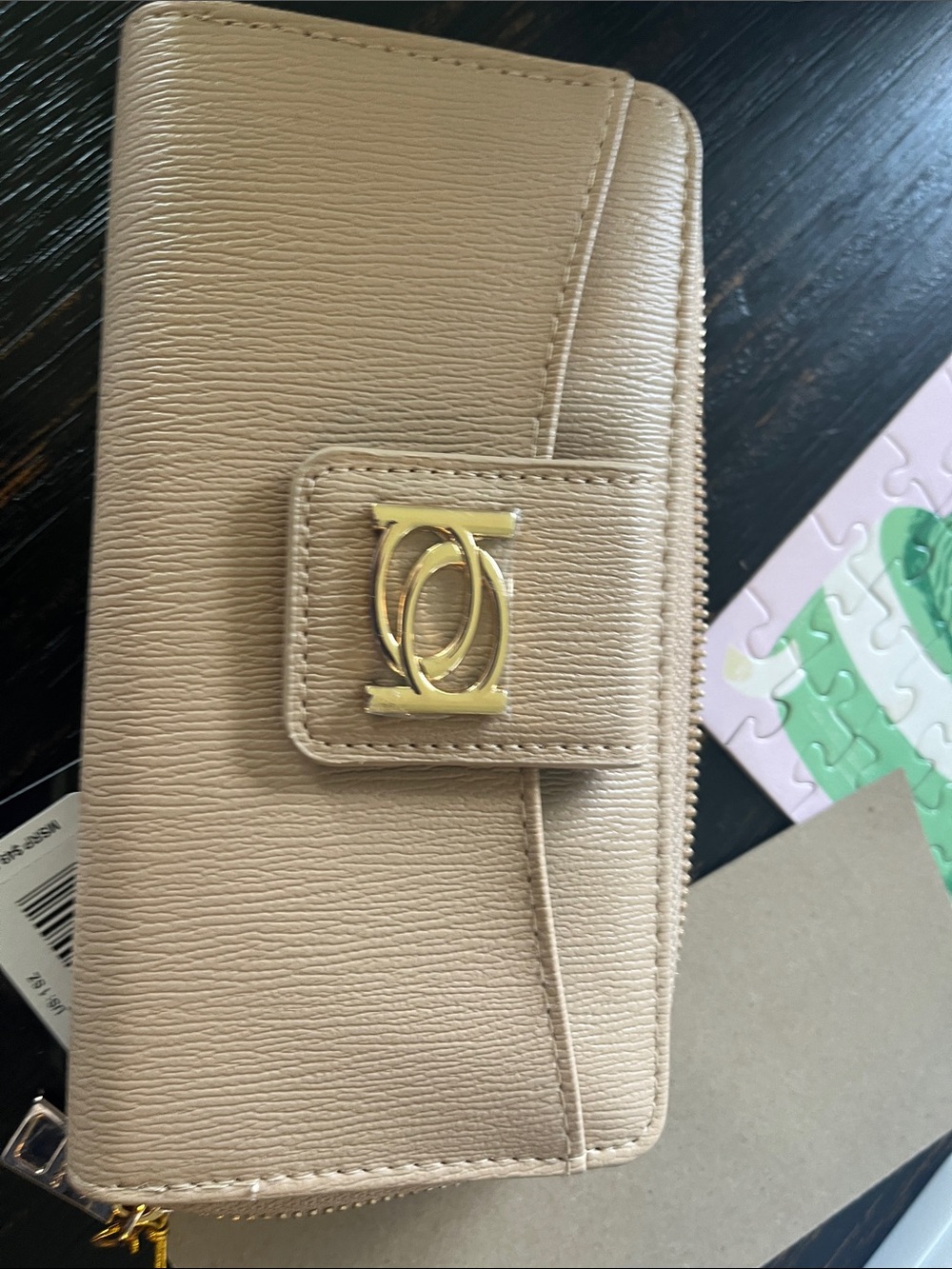 Bebe Beige Leather Zip Wallet with Gold Accent
